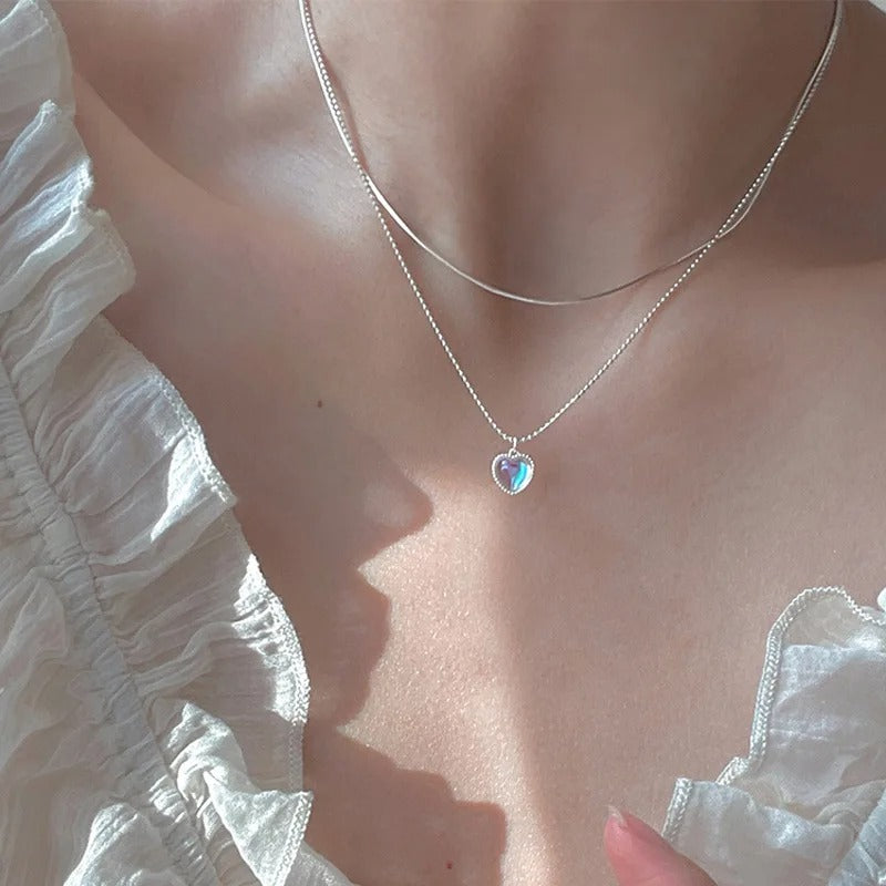 Silver Color Double Love Heart Moonstone Pendant Necklace for Women, Gradient Gemstone Couple Clavicle Chain