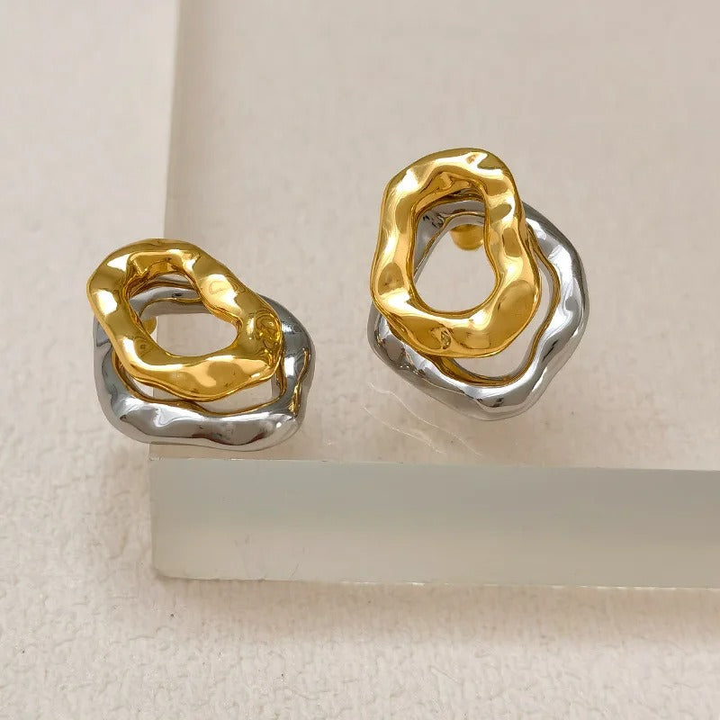 Women’s Bicolor Gold Silver Circle Earrings Hammered Geometric Design