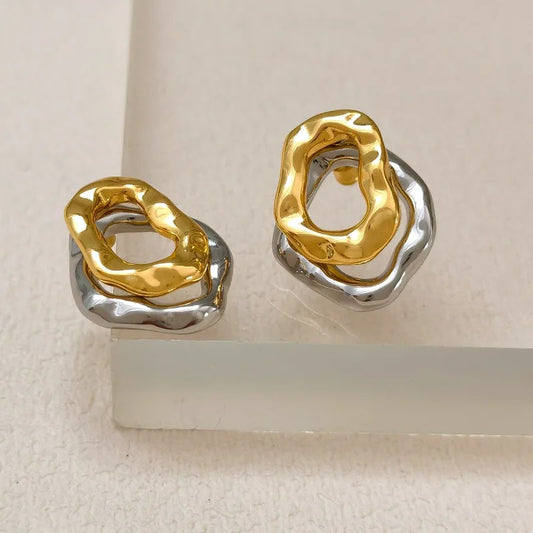 Women’s Bicolor Gold Silver Circle Earrings Hammered Geometric Design
