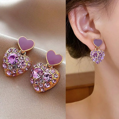 Korean Purple Crystal Heart Drop Earrings 925 Silver Needle
