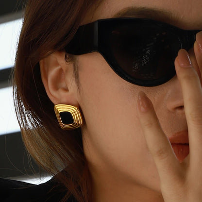 Retro Geometric Black Shell Square Earrings 18K Gold Plated Women