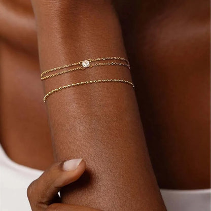 Gold Zircon Double Layer Bracelet for Women Thin Chain Charm Jewelry