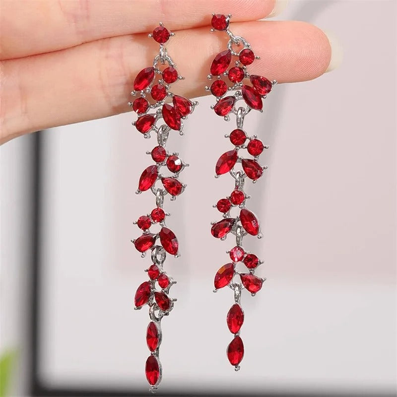 Exquisite Leaves Long Tassel Dangle Earrings For Women Full Rhinestone Zircon Leaf Temperament Earring Party Wedding Jewelry