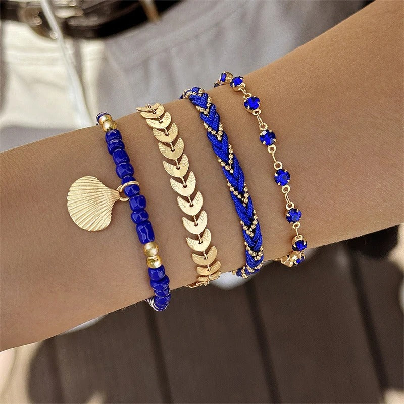 4pcs/set Bracelets for Women Ethnic Style Colorful Zircon Rice Beads Metal Chain Bangles Girl Summer Beach Jewelry