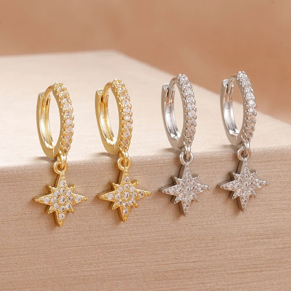 Star Zircon Hoop Earrings 18K Gold Plated for Women