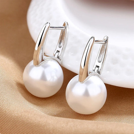 New Cute Pearl Studs Hoop Earrings for Women Silver Color Eardrop Minimalist Tiny Huggies Hoops Wedding Fashion Jewelry