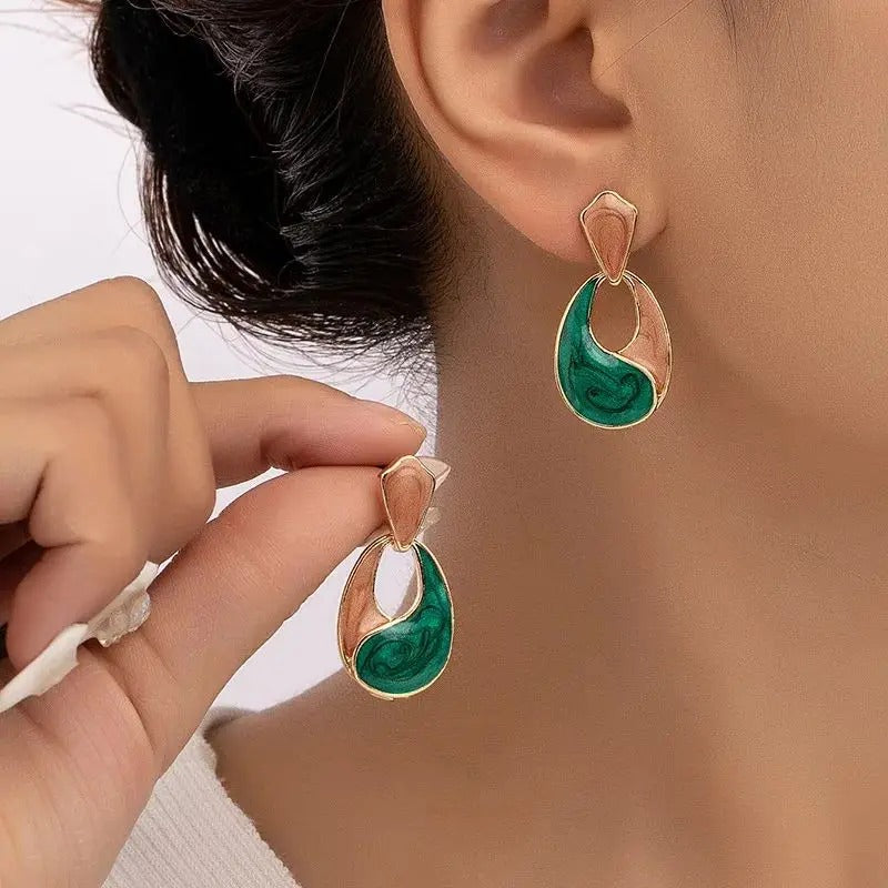 Trendy Patchwork Water Drop Earrings Green Enamel Hollow Jewelry