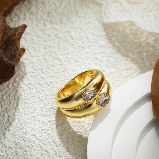 Chunky Oval Zircon Crystal Bilayer Ring Stainless Steel Wedding Aesthetic Jewelry for Women