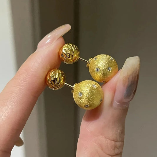 Cute Gold Round Ball Stud Earrings Inlaid with Small Zircon Women