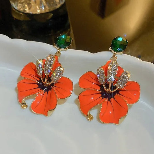 Orange Enamel Flower Drop Earrings with Green Crystals for Women