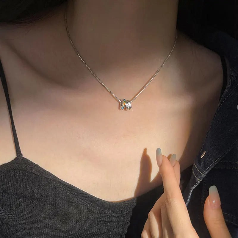 Popular 925 Sterling Silver Color Diamond Double Ring Necklace With Rainbow Letters Vintage Collarbone Chain Party Jewelry