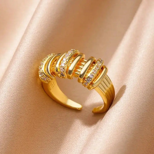 Chunky Gold Zircon Ring Stainless Steel Shiny Statement Jewelry for Women.