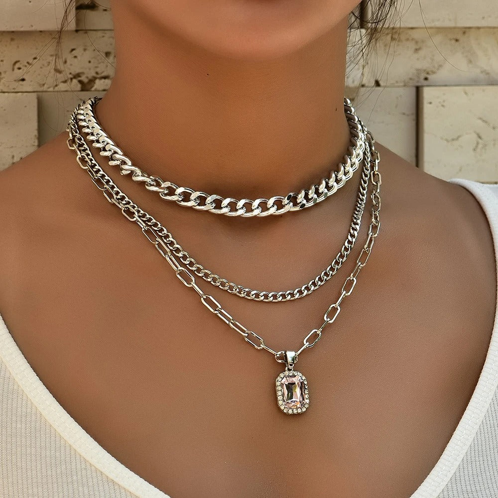 New Silver Color Multi-layer Chain Rectangular Crystal Pendant Necklaces For Women Female Necklace Jewelry Gift