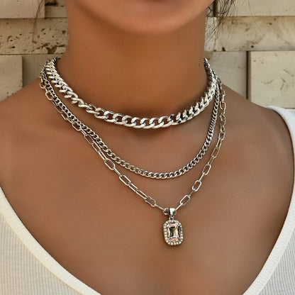 New Silver Color Multi-layer Chain Rectangular Crystal Pendant Necklaces For Women Female Necklace Jewelry Gift