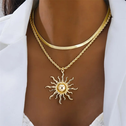 Big Sun Pendant Necklace for Women Trendy Double Layer Snake Bone Chain Necklace Summer Jewelry Accessories