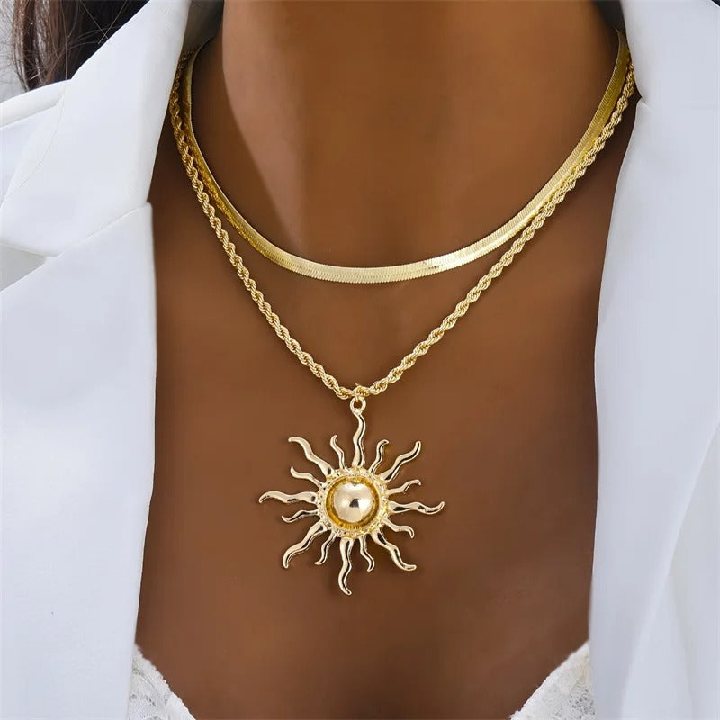 Big Sun Pendant Necklace for Women Trendy Double Layer Snake Bone Chain Necklace Summer Jewelry Accessories