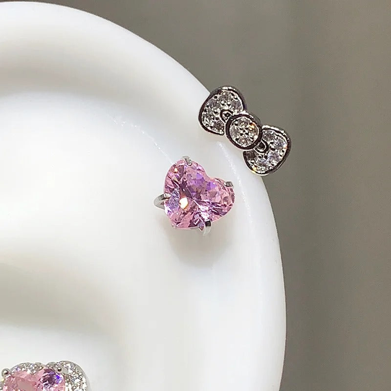 Y2K Bow Heart Ear Bone Nail 316L Stainless Steel Zircon Earring