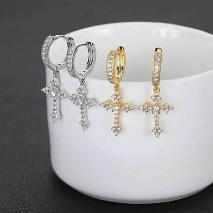 Zircon Crystal Cross Drop Earrings Women Men Gold Silver Jewelry