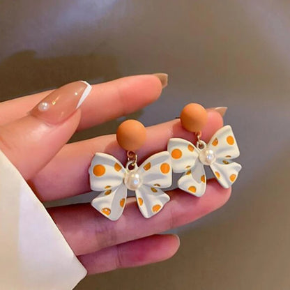 Women’s Korean Style Bowknot Earrings Polka Dot Pearl Party Jewelry