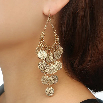 Gold Hollow Leaf Coin Pendant Earrings for Women Long Tassel Dangle Jewelry