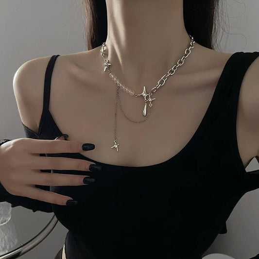Irregular Star Chain Necklaces Women's Fashion Transparent Beads Zircon Choker Necklace K pop Silver Color Summer Jewelry