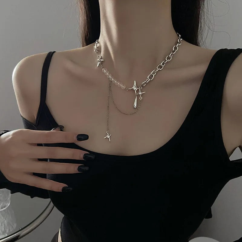 Irregular Star Chain Necklaces Women's Fashion Transparent Beads Zircon Choker Necklace K pop Silver Color Summer Jewelry