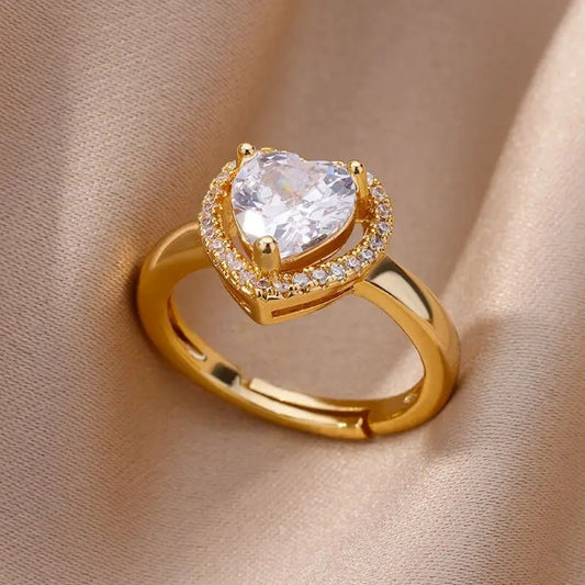 Gold Plated Stainless Steel Heart Zircon Adjustable Ring Luxury Wedding Jewelry for Women 2025