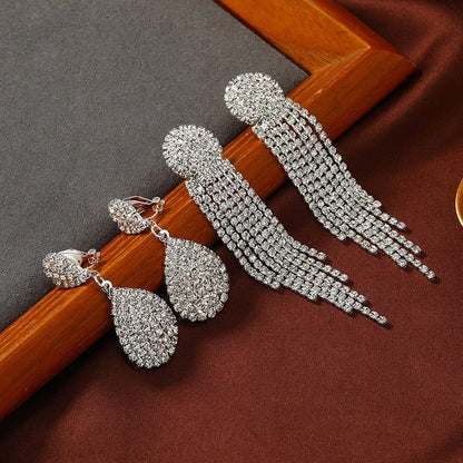 Luxury Long Tassel Rhinestone Clip-On Earrings for Women