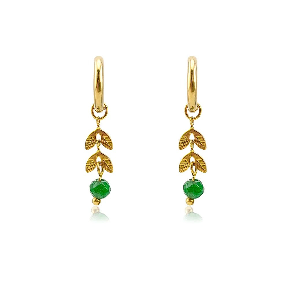 Summer Leaf Hoop Earrings Stainless Steel with Stone