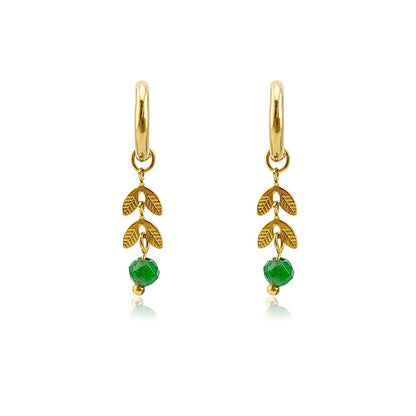 Summer Leaf Hoop Earrings Stainless Steel with Stone