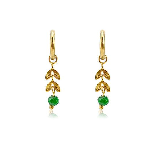Summer Leaf Hoop Earrings Stainless Steel with Stone