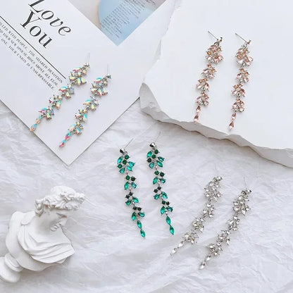 Long Tassel Dangle Earrings Women Rhinestone Geometric Leaf