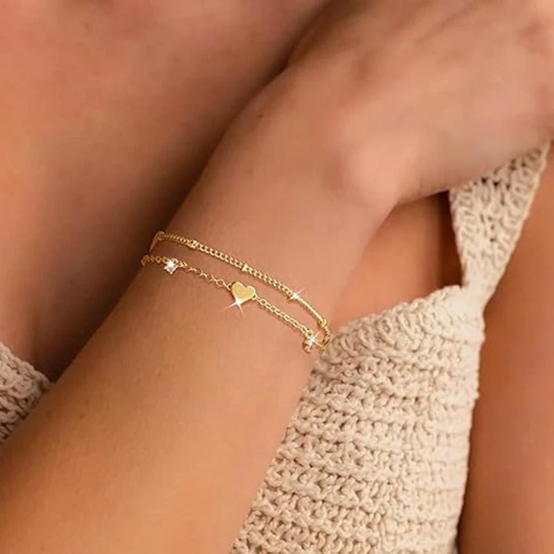 14k Gold Plated Bracelets Love Heart Stainless Steel Bracelets for Women Chain Bracelet CZ Gifts Women's Jewelry Summer