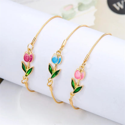Tulip Rose Flower Bracelet for Women Colorful Gold Chain Jewelry