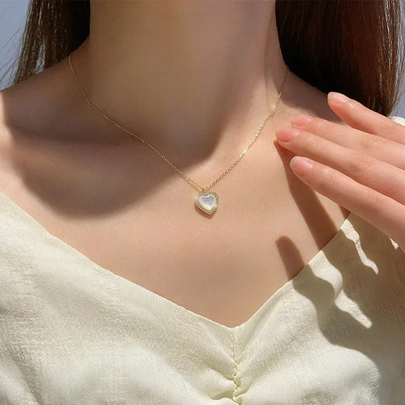 Trendy Heart Shaped Pendant Necklace Opal Chain Shiny Women Temperament Jewelry Choker Necklace Wedding Jewelry Gifts