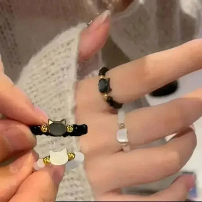 Adjustable Cat Rings Set Moonstone and Obsidian Gemstone Jewelry