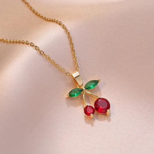 Stainless Steel Chain Classic Shiny Zircon Cherry Pendant Necklace for Women Lady Vintage Jewelry Accessories Gifts