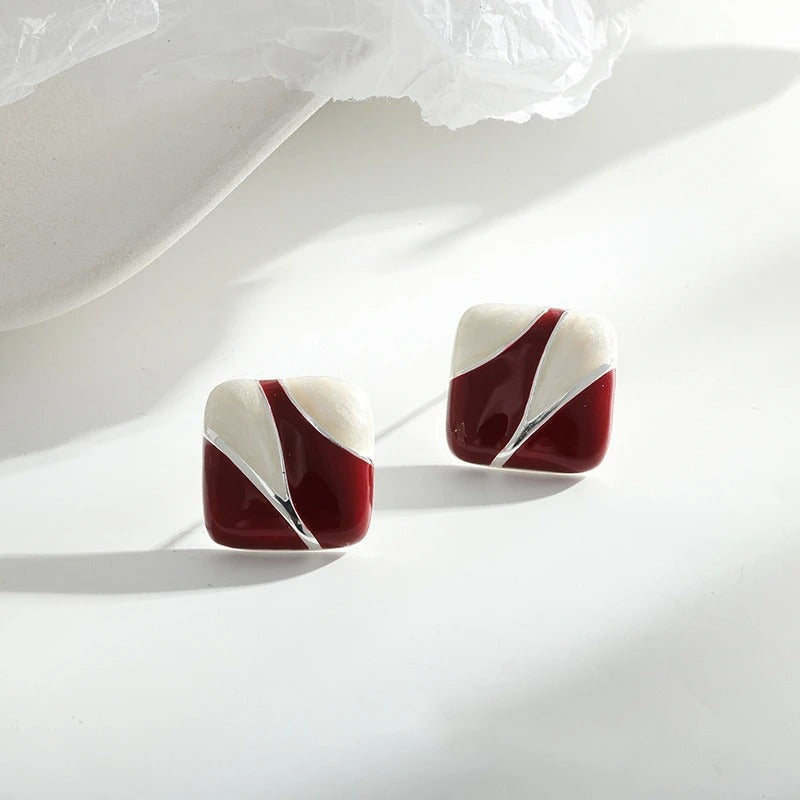 Ankara Red Color Blocked Square Elegance Stud Earring for Women Korean Sweet Ear Wedding Party Jewelry Girl Friend Gift
