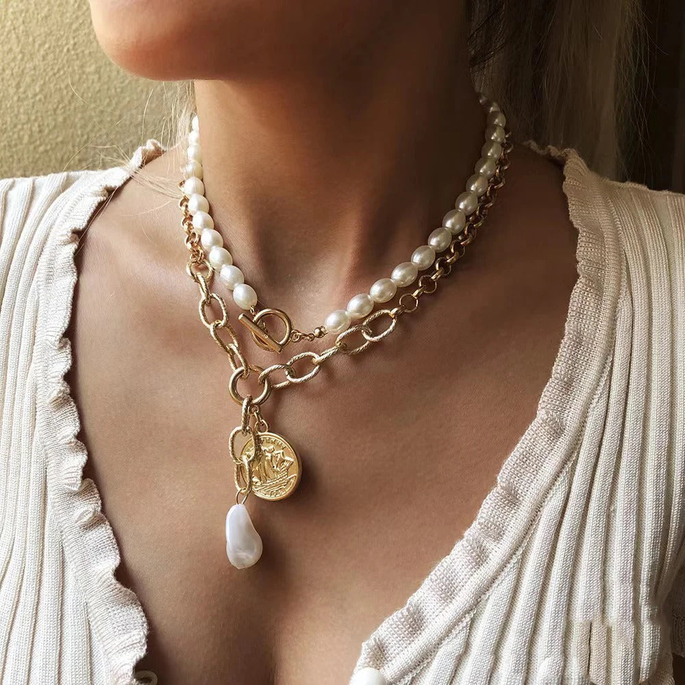 Trend Elegant Jewelry Wedding Baroque Pendant Necklace For Women Fashion Imitation Pearl Geometry Chain Choker Necklace