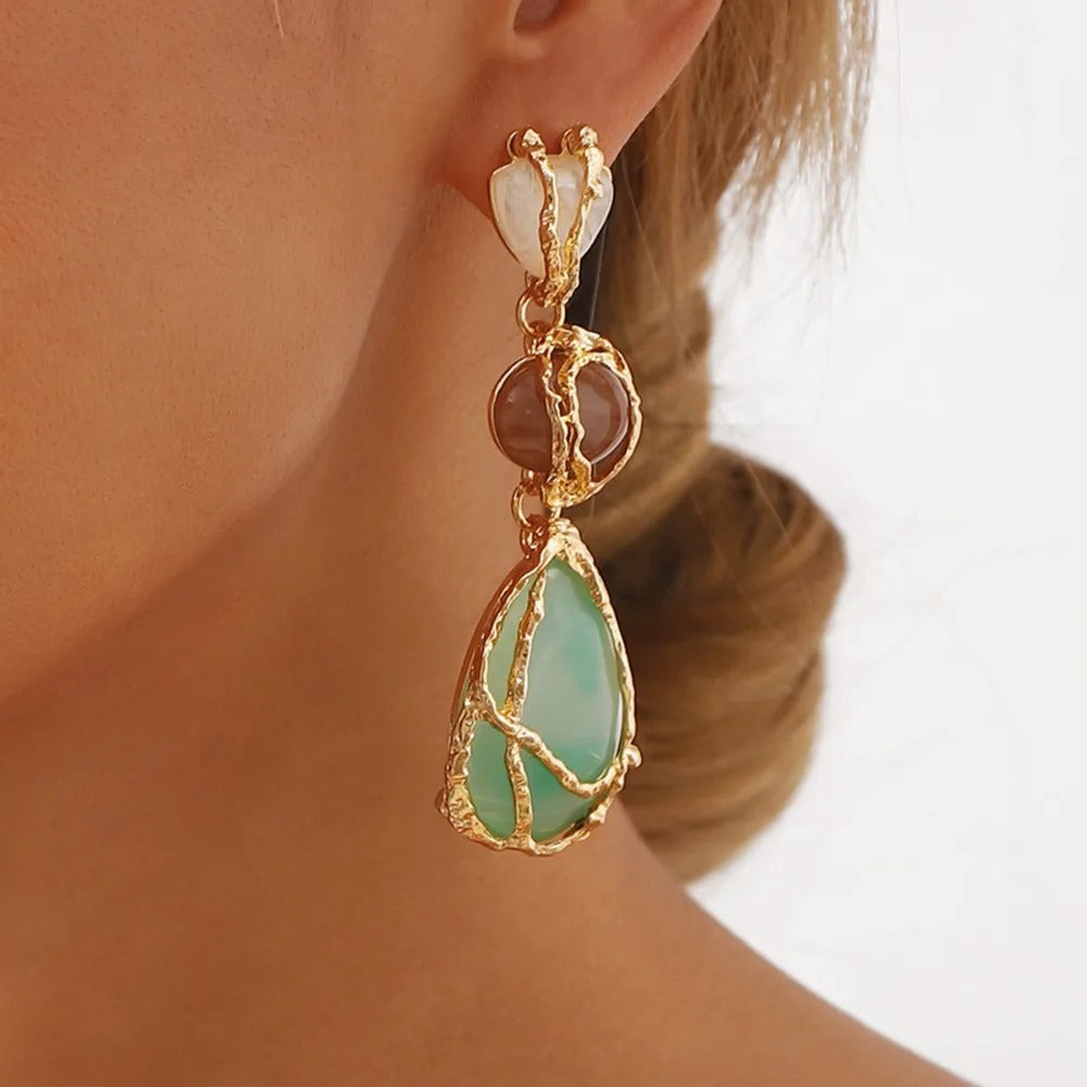 Trendy Geometric Green Stone Long Dangle Earrings for Women