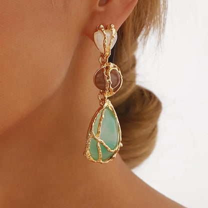 Trendy Geometric Green Stone Long Dangle Earrings for Women