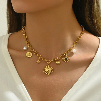 Glamorous Gold Chunky Chain Necklace with Heart Sun Moon Pearl Charms