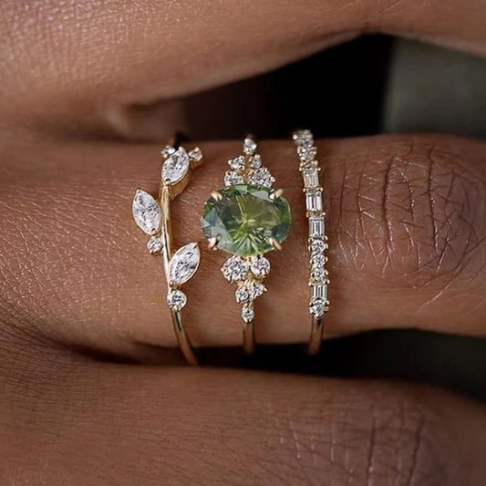 3-Piece Women’s Rings Set Olive Green CZ Gold Color Wedding Jewelry