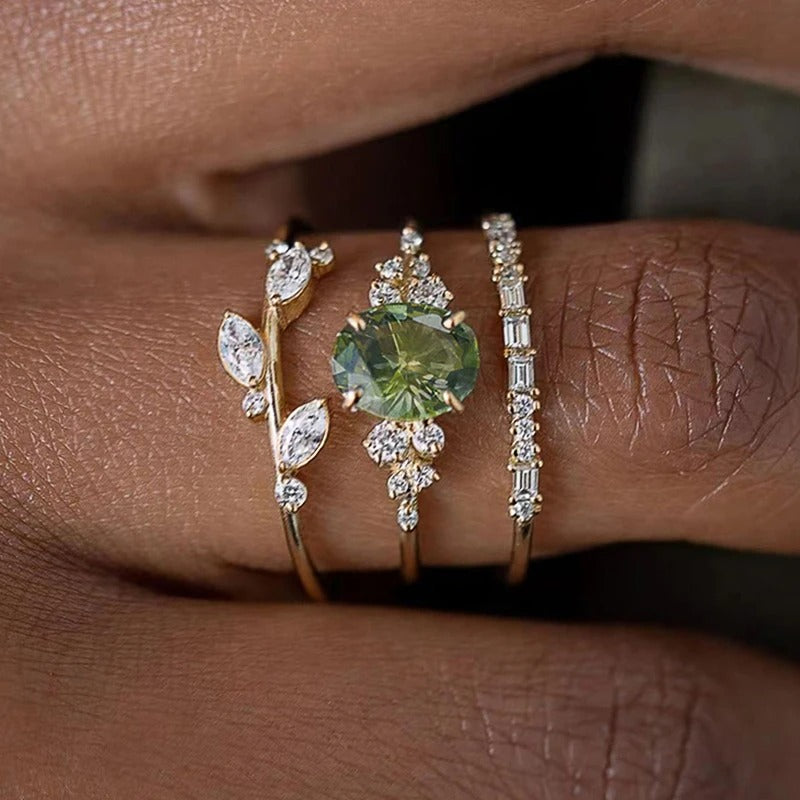 Gorgeous 3Pcs Set Women Rings Olive Green Cubic Zirconia Luxury Gold Color Wedding Rings Anniversary Party Trendy Jewelry