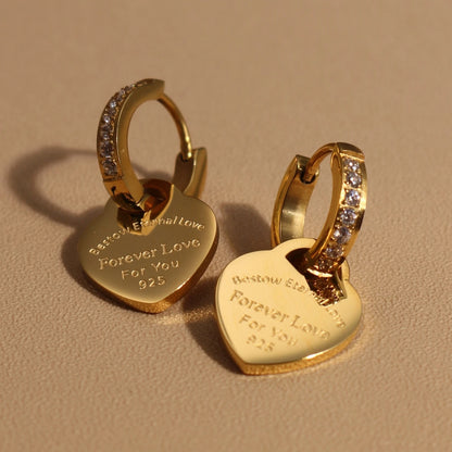 Heart Pendant Zircon Earrings for Women Gold Color Stainless Steel Charm Jewelry