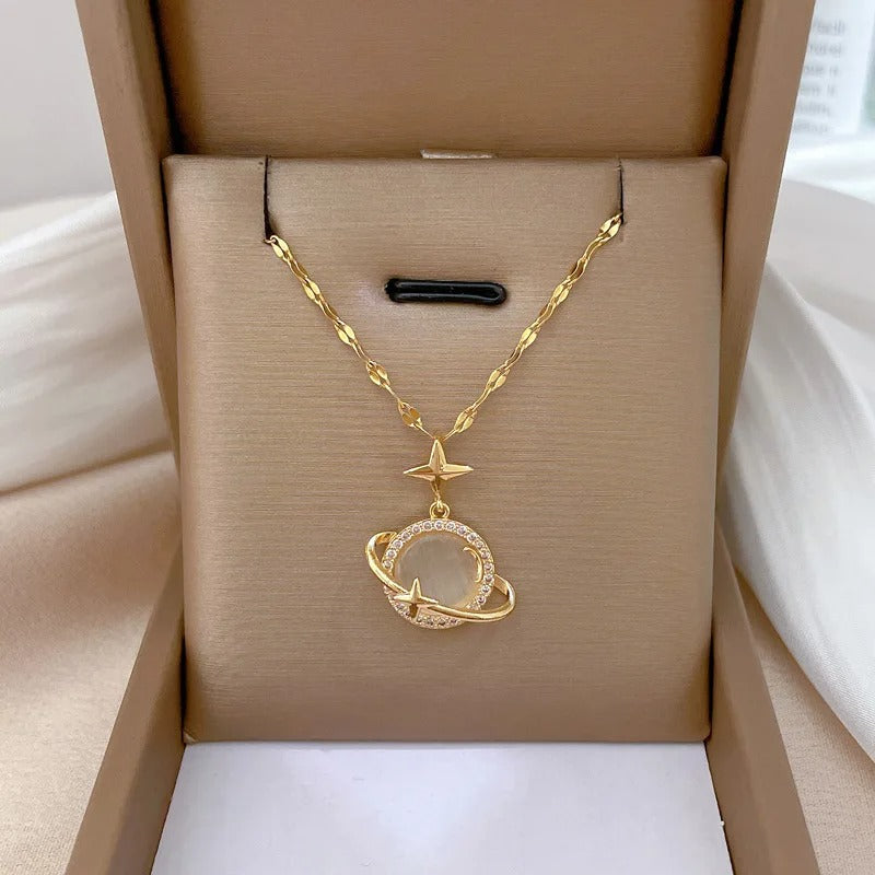 OIMG 316L Stainless Steel Gold Color Opal Planet Star Pendant Necklace For Women Girl Elegant Jewelry Party Gift