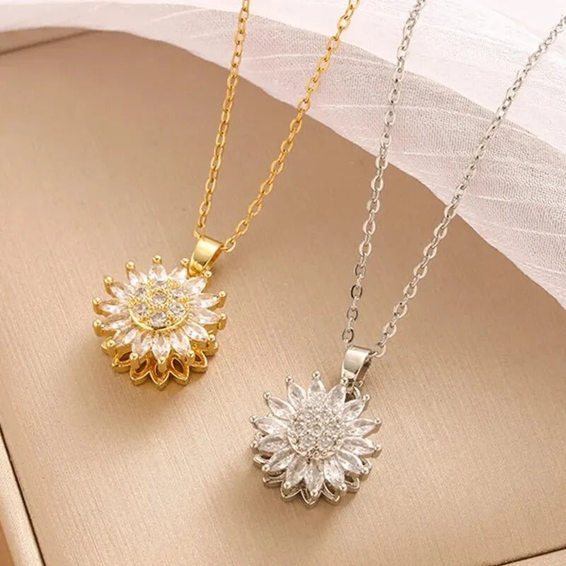 Spin Sunflower Zircon Necklace Stainless Steel Women’s Jewelry