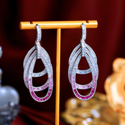 Pink Red CZ Multilayer Circle Drop Earrings for Women