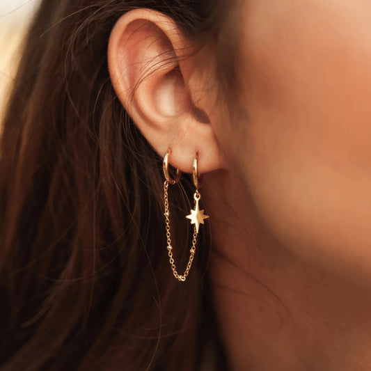 Peri'sbox New Elegant Double Hole Tassel Chain Hoop Earrings Female Stainless Steel Waterproof Starburst Huggie Piercing Earing