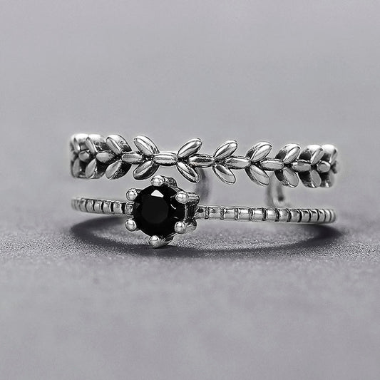 Antique Silver Color Vintage Adjustable Rings for Women Branch Black Stone Double Layer Opening Rings Fancy Girls Jewelry
